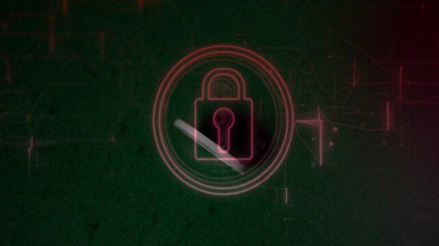 Sneaker foot entering bottom tracing clockwise white stroke on lock activating neon rings unlocking