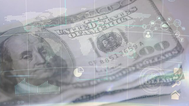 Camera zoom revealing stack of US 100-dollar bills filling frame, HUD overlay visualizing finance