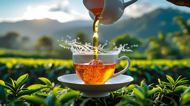 Hot Ceylon tea pouring into white cup with splash against green tea plantation background.