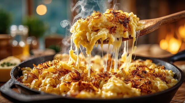 Traditional cheesy German Kasespatzle with crispy fried onions in a cast iron skillet being scooped with a wooden spoon