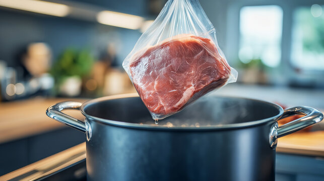Vacuum sealed raw meat being lowered into a pot for sous vide cooking, preparing a healthy meal