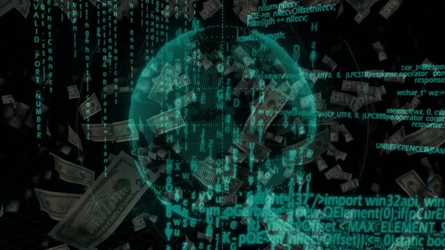 On bills drifting in, teal globe rotating with code streams cascading, visualizing finance