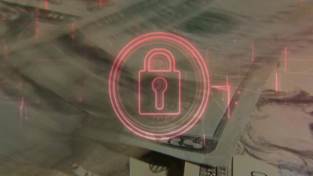 From frame three red padlock appearing over US $20 bills, pulsing scan lines showing security