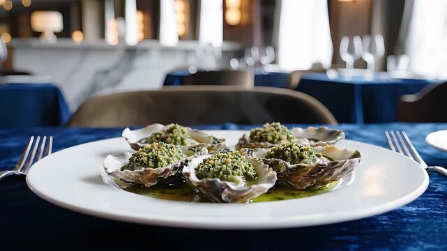 Delicious oysters on a plate in a modern upscale restaurant setting