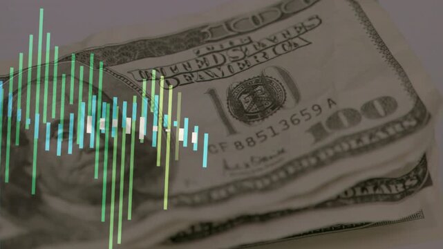 Left bars starting sweep, visualizer moving right, shifting color and revealing 100 portrait serial