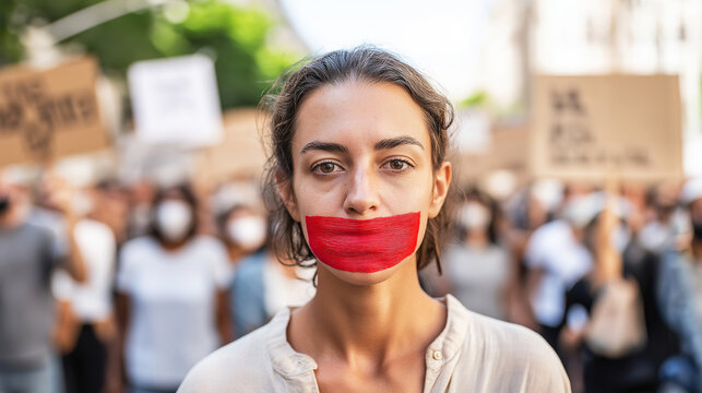 Woman with red paint over mouth symbolizing silenced voice during a protest for freedom of speech and human rights