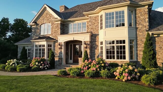 Elegant stone luxury house with manicured lawn and blooming hydrangeas