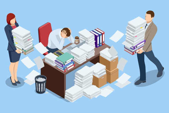 Isometric office scene with stressed employee at desk surrounded by paper stack and colleague with document. Deadline, overload and bureaucracy. Project deadline. Time management on the road to