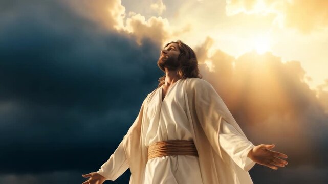 Jesus Christ with Open Arms in Sky
