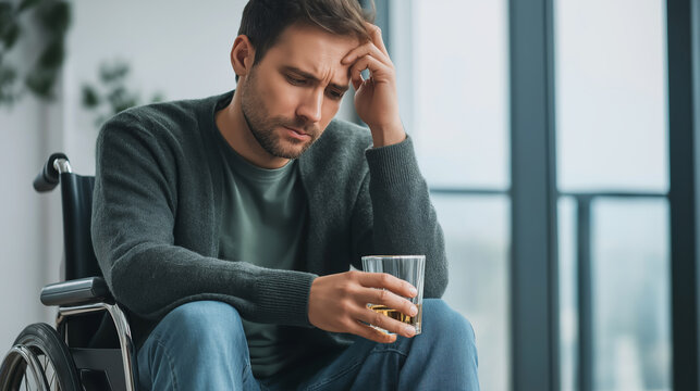 Young man with disability in wheelchair holding glass of whiskey, dealing with mental health and addiction