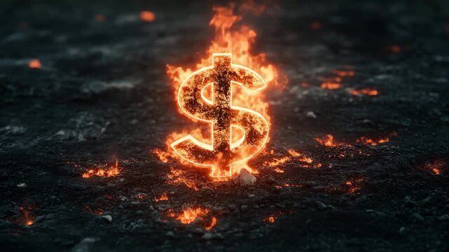 Burning dollar symbol in fiery ground	

