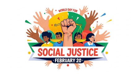 Fototapeta premium Vibrant illustration celebrating World Day for Social Justice with diverse hands raised