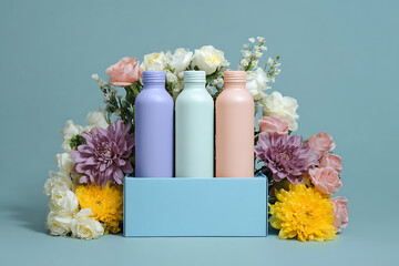 Elegant bouquet arranged with three pastel-colored vases on a white pedestal