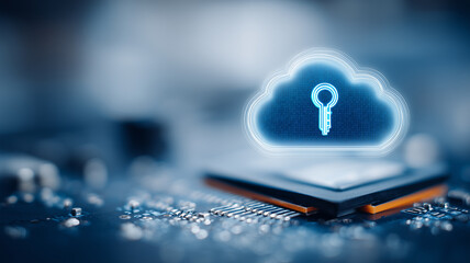 Cloud security key icon above microchip representing encrypted data storage and secure access control.
