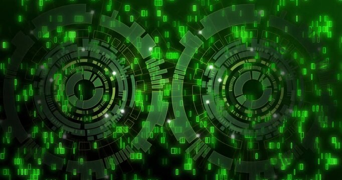 Green code rain starting, dual concentric HUDs rotating, pulsing, aligning, forming data connector