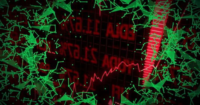 On vertical red bar pulsing, central red chart rising, green mesh framing edges, highlighting spike