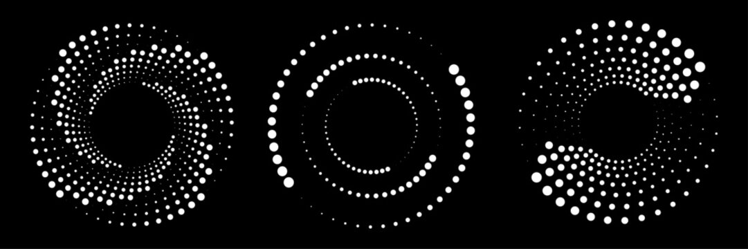 Circle dotted speed lines. Abstract round halftone circle frames, rotating dotted circle shapes. Big collection of round Logos.