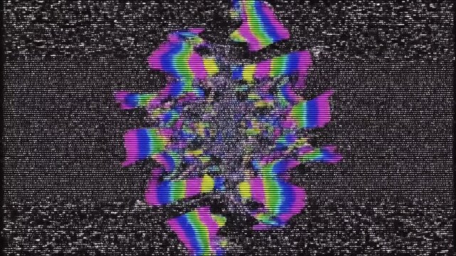 Static-filled screen with horizontal bars of color and horizontal white interference lines