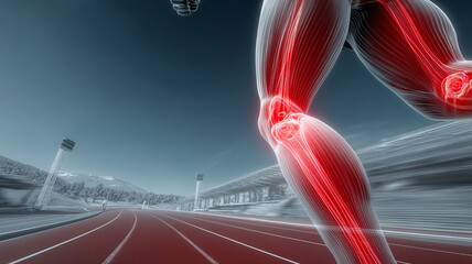 Runner legs with highlighted knee joint and muscle anatomy, representing sports injury pain, biomechanics, and rehabilitation for performance recovery.
