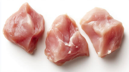 Raw chicken pieces on a white surface, representing fresh poultry ingredient for cooking.
