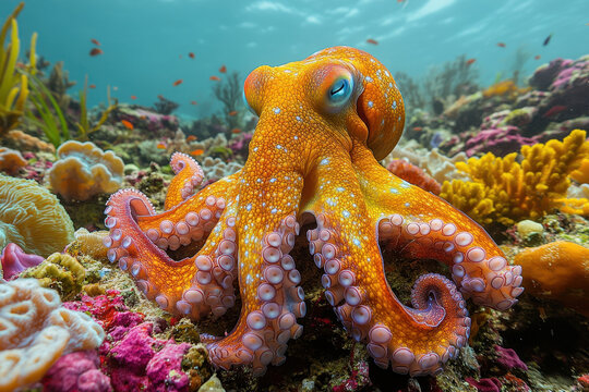 An octopus is sitting on a coral reef.