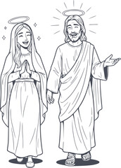 hand drawn illustration of jesus christ and virgin mary walking and laughing together, minimalist black fill style without white fills, religion symbol icon