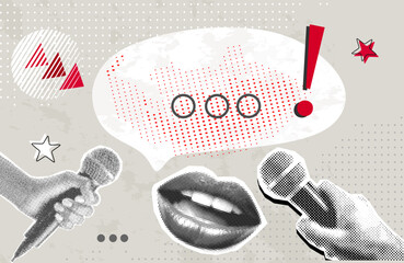Trendy Halftone Collage Journalist's mouth screams into microphone. Social media interview. Daily news. Reporter with audio equipment. Press conference. Contemporary vector illustration art	