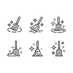 Fototapeta premium Line art set depicting various stages of floor cleaning with brooms