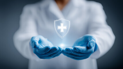 Medical professional holding shield symbol representing patient safety and healthcare data protection.
