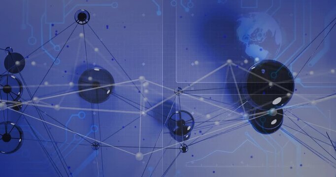 Central network shifting on data pulses, links tightening, right cluster growing, showing data flow