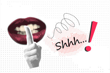 Trendy halftone collage finger lips gesture symbolizing shh silence, shut up, protest and provocative expression. Shut Up Lips and Finger Gesture &ndash; Silence Hand Signs,	