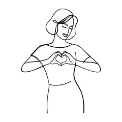 Dibujo con línea continua de una mujer con dos manos formando un corazón, para tarjetas y felicitaciones de San Valentín © teracreonte