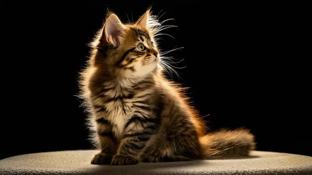 A little tabby kitten sits patiently in the spotlight, fur illuminated in gold against stark black. The backdrop fades as the fluffy creature gazes wistfully to the side.