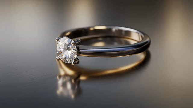 Close-up of a single solitaire diamond ring. The band sits on a brushed metal surface, reflecting soft, warm light. Ideal for wedding, jewelry ads.