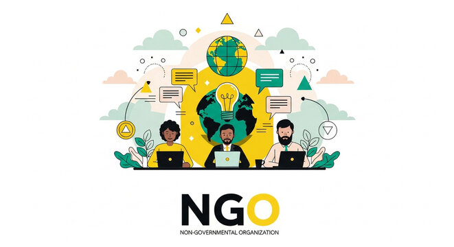 Diverse team of NGO professionals collaborating on global project with laptops