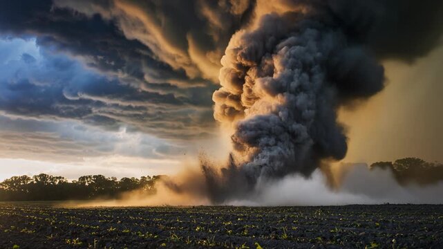A supercell thunderstorm looms over a freshly plowed field as a massive dust devil stirs up the earth. This raw, dramatic scene embodies the force of nature and its potential impact on the land.