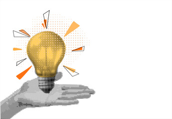 Trendy halftone collage banner hand giving lightbulb. Concept of creative idea or brainstorm. Contemporary vector illustration	