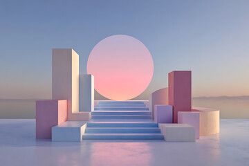 Minimalist abstract architecture with vibrant geometric shapes and pastel hues