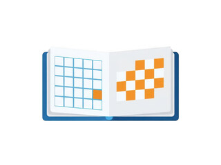 A blue book with a grid and a puzzle on the pages