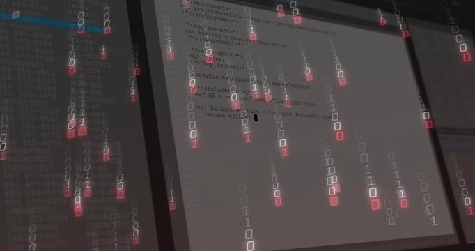 Few glow binary starting cascade across screens, screen displaying code editor lines during startup