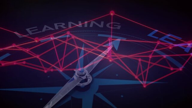 Red network forming and pulsing above compass needle and arrow rotating clockwise showing LEARNING
