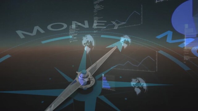 Camera opening on compass rose, starting needle rotating and charts appearing, revealing MONEY data