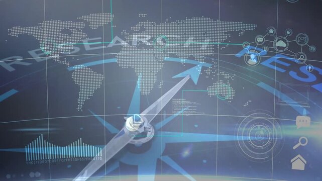 HUD loading, needle with blue tip turning NE, charts moving, icons glowing, highlighting RESEARCH