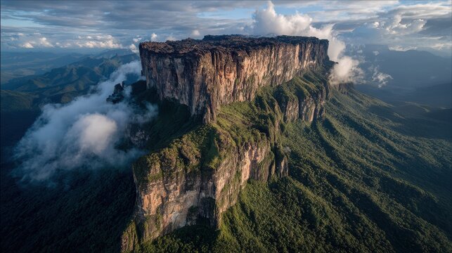 Panoramic view of Mount Roraima tepui, a majestic flat-topped mountain with dramatic cliffs and lush green slopes under a cloudy sky in South America