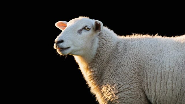 As golden hour kisses the pasture, four sheep stand outlined against black. Their thick wool and expressive faces are cast in a warm glow.
