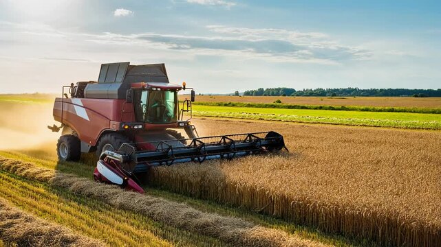 A red combine advances through a vast wheat field during the golden hour, dust swirling as it harvests the ripe crop against a bright blue sky, symbolizing agriculture and abundance.