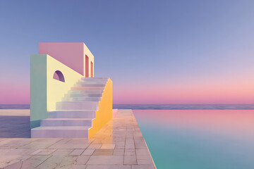 Surreal sunset scene with a floating house and a lone figure by the water's edge