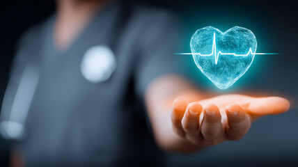 Nurse holding a holographic heart with ECG line representing cardiology monitoring, patient care, and health technology.
