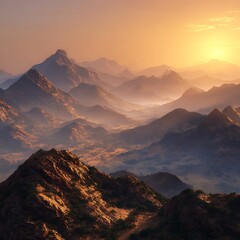 Mountain sunrise panorama with dramatic peaks mist and warm tones photo