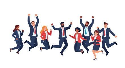 A diverse group of business professionals joyfully jumping together